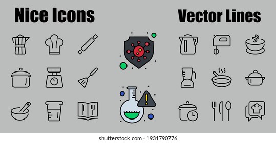 Set of icons for cooking and kitchen, vector lines, contains icons such as a knife, saucepan, boiling time, mixer, scales, recipe book. Editable stroke, perfect 480x480 pixels, white background.