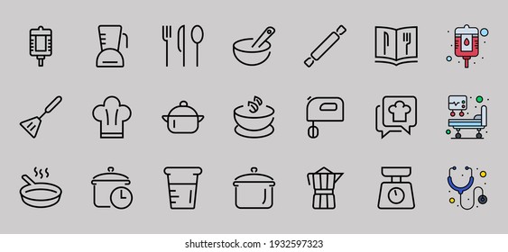  Set of icons for cooking and kitchen, vector lines, contains icons such as a knife, saucepan, boiling time, mixer, scales, recipe book. Editable stroke, perfect 480x480 pixels, white background.