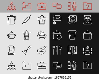  Set of icons for cooking and kitchen, vector lines, contains icons such as a knife, saucepan, boiling time, mixer, scales, recipe book. Editable stroke, perfect 480x480 pixels, white background.