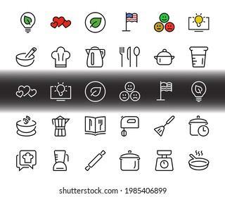  Set of icons for cooking and kitchen, vector lines, contains icons such as a knife, saucepan, boiling time, mixer, scales, recipe book. Editable stroke, perfect 480x480 pixels, white background.