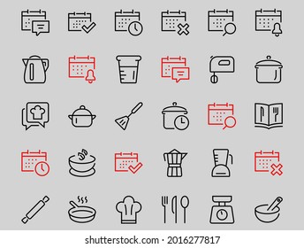  Set of icons for cooking and kitchen, vector lines, contains icons such as a knife, saucepan, boiling time, mixer, scales, recipe book. Editable stroke, perfect 480x480 pixels, white background.