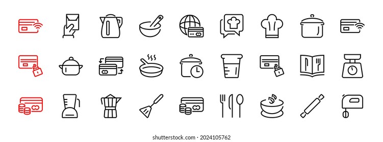  Set of icons for cooking and kitchen, vector lines, contains icons such as a knife, saucepan, boiling time, mixer, scales, recipe book. Editable stroke, perfect 480x480 pixels, white background.