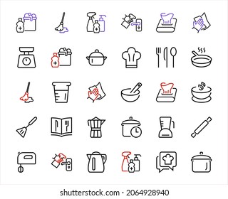  Set of icons for cooking and kitchen, vector lines, contains icons such as a knife, saucepan, boiling time, mixer, scales, recipe book. Editable stroke, perfect 480x480 pixels, white background.
