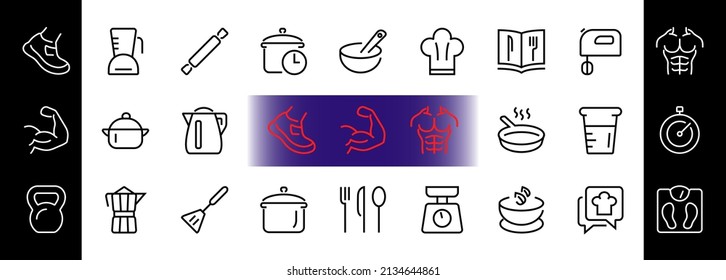 Set of icons for cooking and kitchen, vector lines, contains icons such as a knife, saucepan, boiling time, mixer, scales, recipe book. Editable stroke, perfect 480x480 pixels, white background
