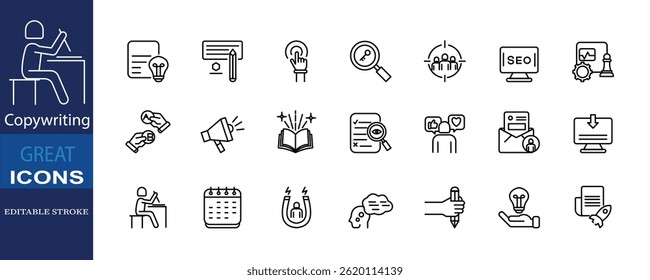 Set of icons for Copywriting. Editable stroke. Vector illustration