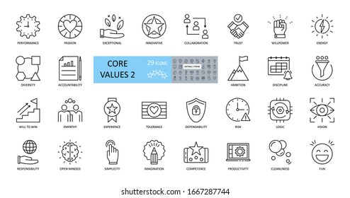 Set of icons core values. 29 vector images with editable stroke. Includes such qualities as performance, passion, diversity, exceptional, innovative, accountability, will to win, empathy, open-minded