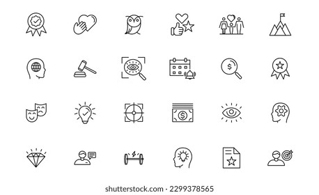 Set of icons core values.Vector images with editable stroke. Includes such qualities as performance, passion, diversity, exceptional, innovative, accountability, will to win, empathy, open-minded.
