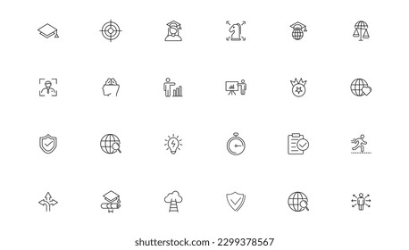 Set of icons core values.Vector images with editable stroke. Includes such qualities as performance, passion, diversity, exceptional, innovative, accountability, will to win, empathy, open-minded.
