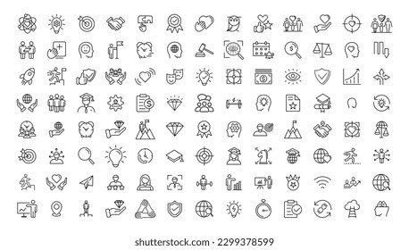 Set of icons core values.Vector images with editable stroke. Includes such qualities as performance, passion, diversity, exceptional, innovative, accountability, will to win, empathy, open-minded.
