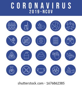 set of icons corona virus, line block style icon vector illustration design