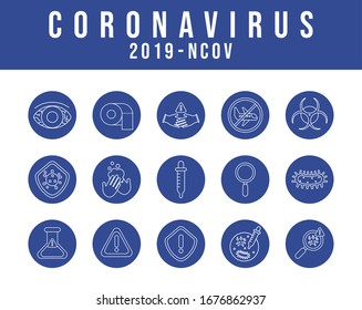 set of icons corona virus, line block style icon vector illustration design