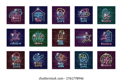set of icons coronavirus prevention in neon light vector illustration design