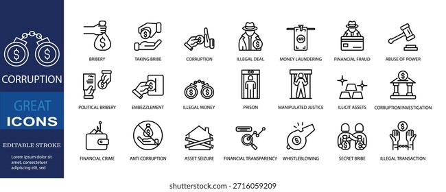 Conjunto de ícones para corrupção. Traçado editável. Ilustração vetorial
