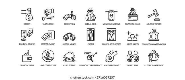 Conjunto de ícones para corrupção. Traçado editável. Ilustração vetorial