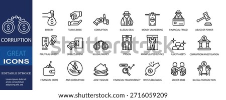 Set of icons for corruption. Editable stroke. Vector illustration