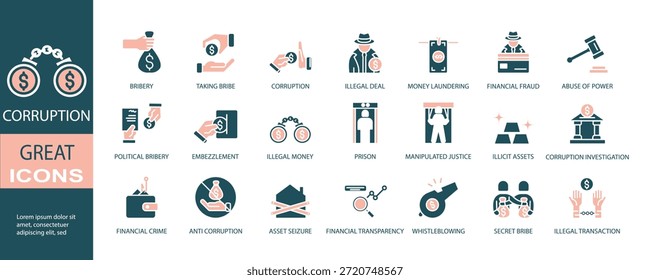 Conjunto de ícones para corrupção. Sollid. Ilustração vetorial