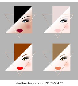 Set of icons for cosmetic and fashion business. Woman's faces with makeup. Fashion illustrations. Vector icons on a grey background. Abstract faces.
