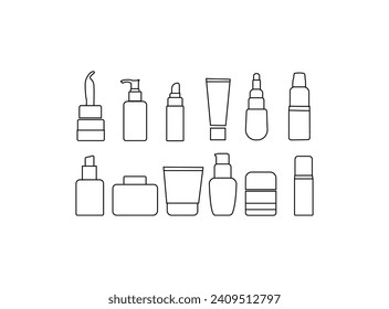 A set of icons for cosmetics packages. Skin care cosmetics and hygiene products icons set vector. Editable stroke. Cosmetics package outline vector icons.