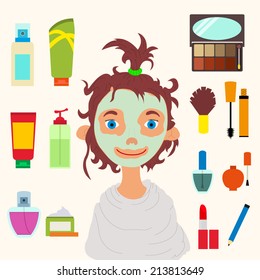 set of icons - cosmetics. transformation into a beautiful woman. vector illustration.