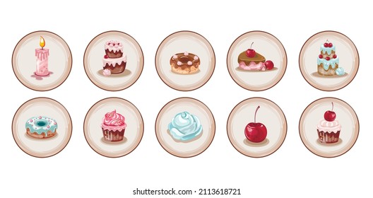 Set icons cover templates for confectionery stories. Isolated on white background cute cakes freehand drawing. Vector illustration.