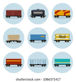 Set of Icons, Covered and Wagon for Coal, Container on Railroad Platform, Platform for Transportation of Bulk or Long Cargo and for Timber Transportation , Railway Tank Car and Hopper Car, Vector