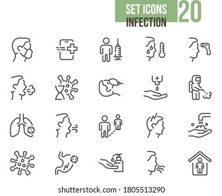 Set icons of COVID Infection, Symptoms and Protection. Vector illustration with grids for pixel perfect.