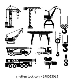 Set icons of crane, lifts and winches isolated on white. Vector illustration