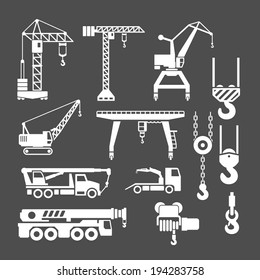 Set icons of crane, lifts and winches isolated on grey. Vector illustration