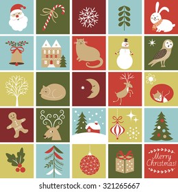 Set Icons for create Advent Calendar, Christmas Illustrations and Characters, Cute fox, owl, cat, Santa, gingerbread man, rabbit , reindeer
