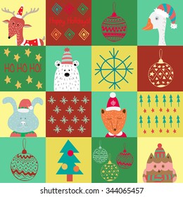 Set Icons for create Advent Calendar, Christmas Illustrations and Characters. Cute fox, owl, rabbit, deer, goose, teddy. Christmas poster. Scrapbooking.Seamless pattern, wrapping paper