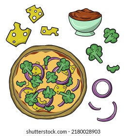 A set of icons for creating pizza with broccoli, vector illustration in cartoon style on a white background