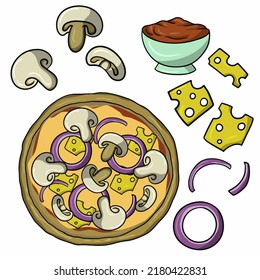 A set of icons for creating pizza with mushrooms, a vector illustration in cartoon style on a white background