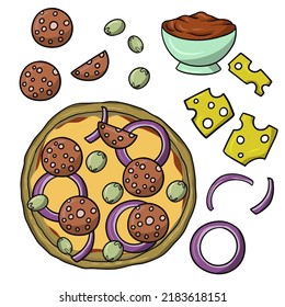 A set of icons for creating pizza with salami sausage, vector illustration in cartoon style on a white background