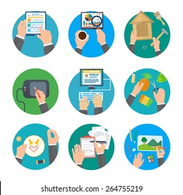 Set of icons creative and handmade process concepts in flat design. Drawing, knitting, photography, cut out of paper