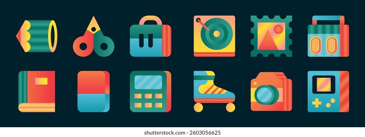 Set of icons for creative hobbies, fun and retro objects.