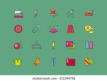 Set of icons of creative sewing flat style. Handmade and knitting industry, tailoring and handicraft, craftsmanship and needlework,  needle and scissors, pin and spool illustration