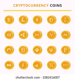 A set of icons of cryptocurrency symbol on gold coin flat illustration isolated on white background. Money icon design vector illustration.