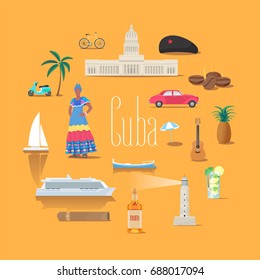 Set of icons with Cuban landmarks in vector. Mojito, cocktail, buildings, communism star symbols for visit Cuba collection