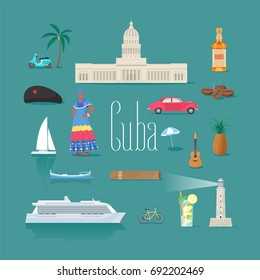 Set of icons with Cuban landmarks in vector. Che, rum, car symbols as visit Cuba design elements