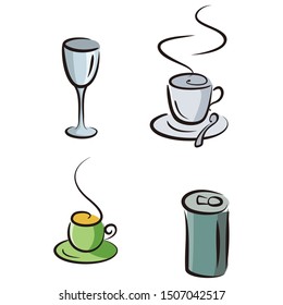 set of icons, cup, soft drink and glass icons design.