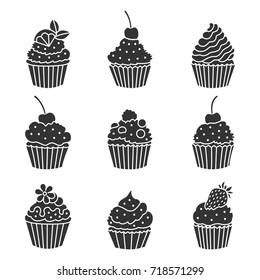 Set of icons cupcakes. Made in the style of silhouette. Vector illustration.