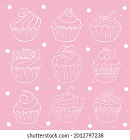 Set of icons of cupcakes, muffins in hand draw style. Collection of vector illustrations for your design. Sweet pastries, cute pink set. Sign