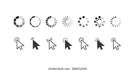 Set of Icons Cursor Pointers, Click Arrows, and Loading Process Circles. Graphic Elements for Website Navigation, Monochrome Pointing Pictograms Isolated on White Background. Vector Illustration