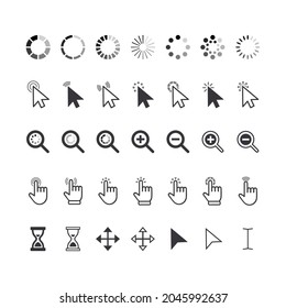 Set of Icons Cursor Pointers, Click Arrows, Fingers, Magnifiers and Hourglass Clocks. Graphic Elements for Website Navigation, Pointing Pictograms Isolated on White Background. Vector Illustration