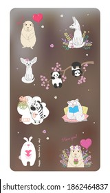 Set of icons with cute animals.Romantic vector stickers, cartoon design.	