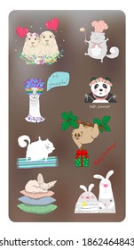 Set of icons with cute animals.Romantic vector stickers, cartoon design.	