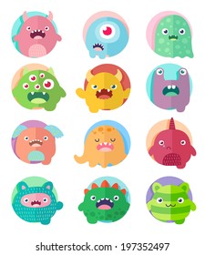 Set of icons, cute cartoon 12 monsters in circles with positive emotions faces