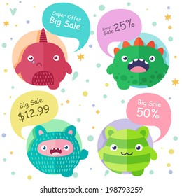 Set of icons, cute cartoon 4 monsters in circles with speech bubbles - Super Offer, Big Sale, Great Sale