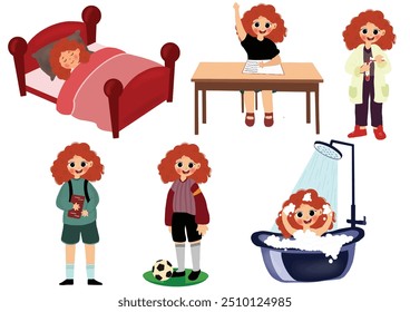 set of icons for cute girl's daily activities, vector, illustration