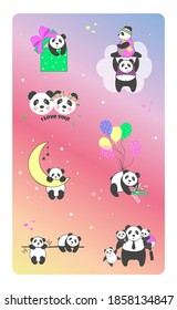 Set icons of cute little panda in different poses, vector clipart